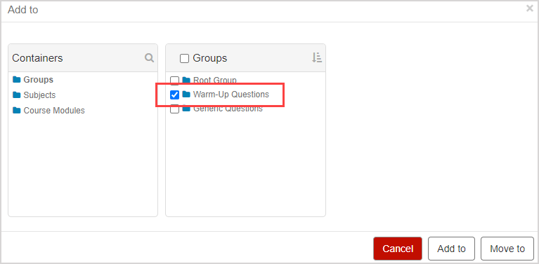 In the Add to dialog, the checkbox next to the name of a question group is selected.